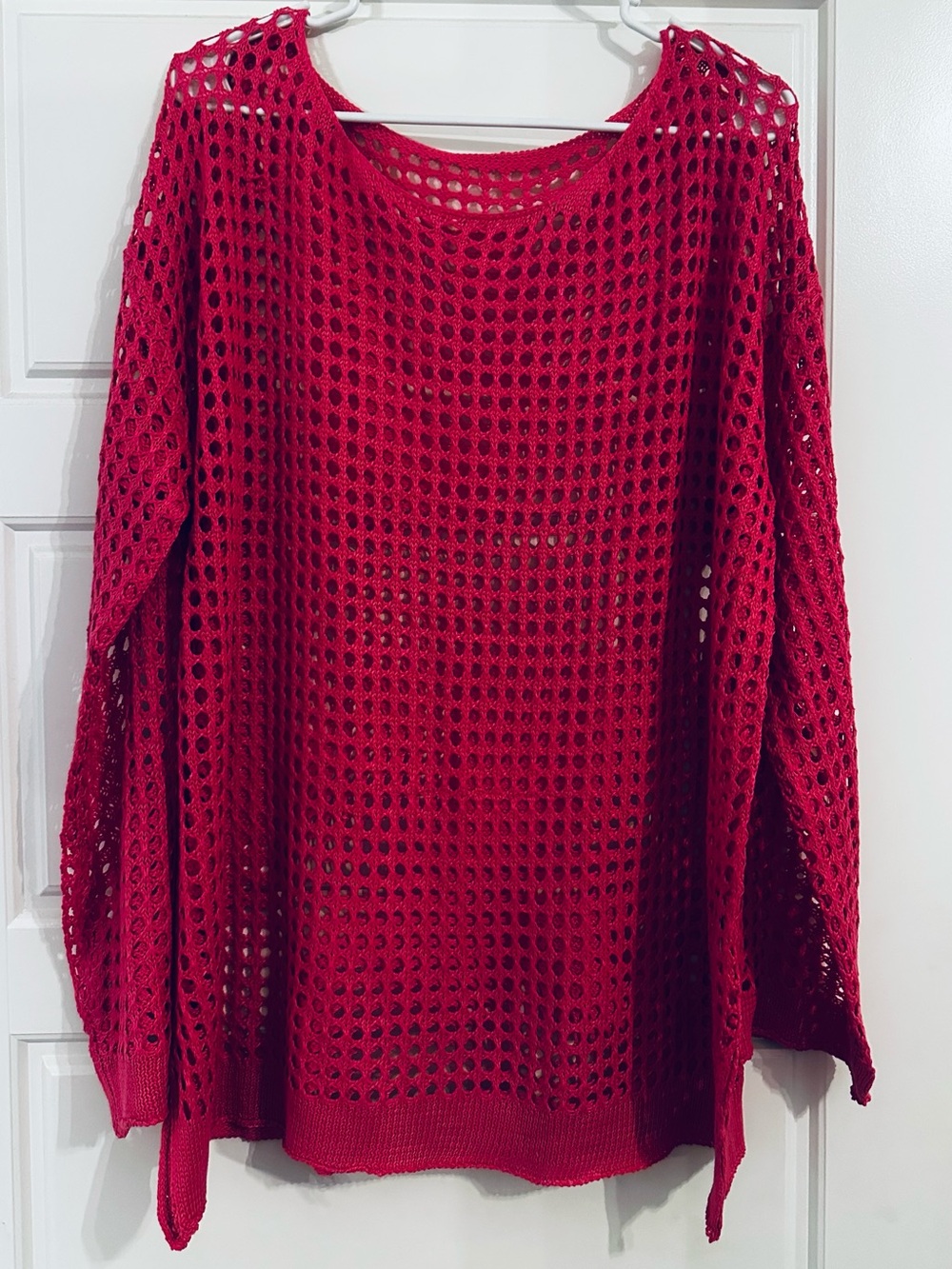 Open-Knit Scoop Neck Sweater - Red